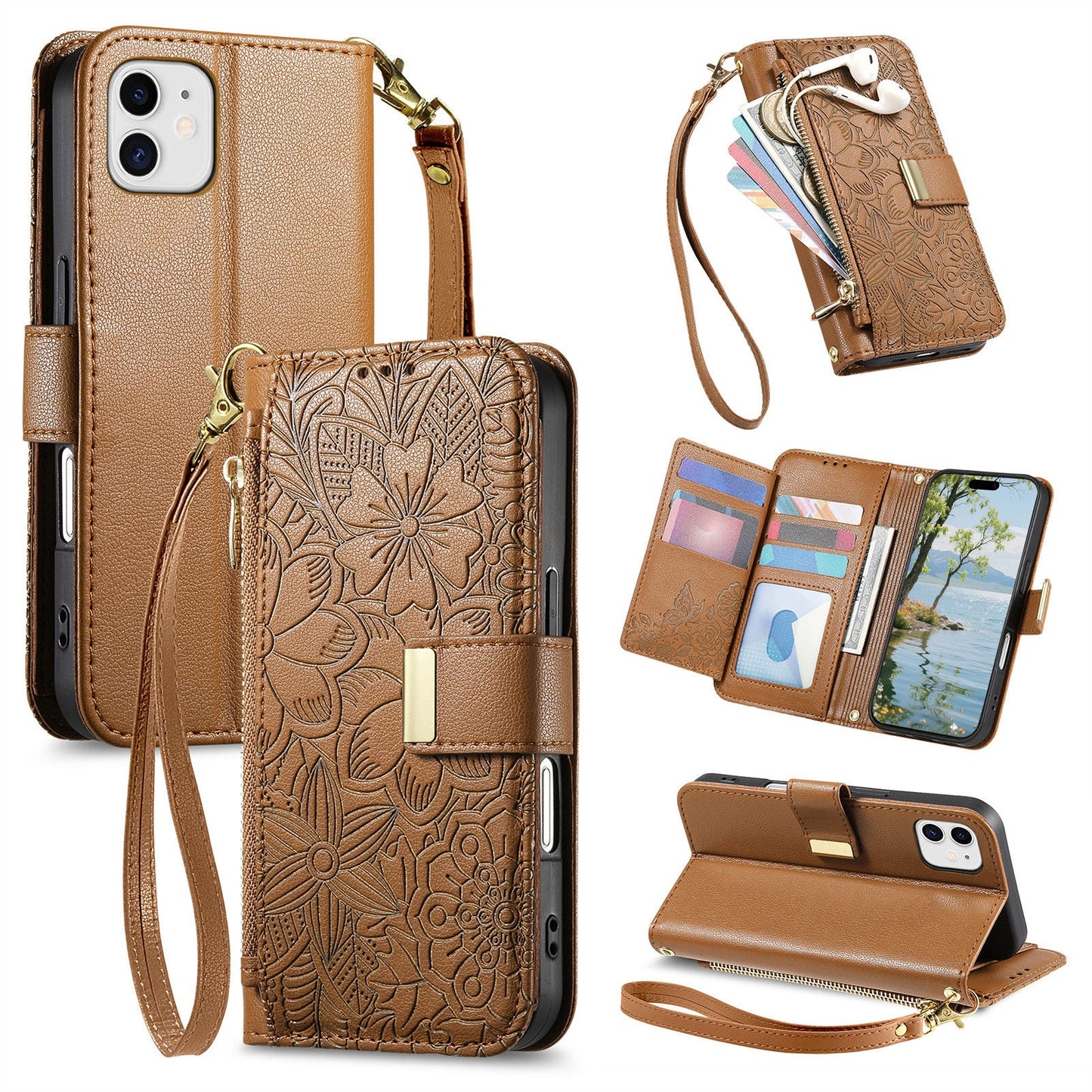 Embossed Floral & Leaf Zipper Wallet Phone Case for iPhone 12