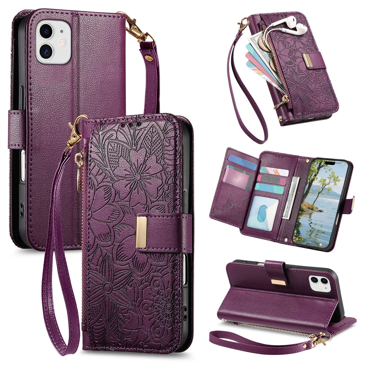 Embossed Floral & Leaf Zipper Wallet Phone Case for iPhone 11