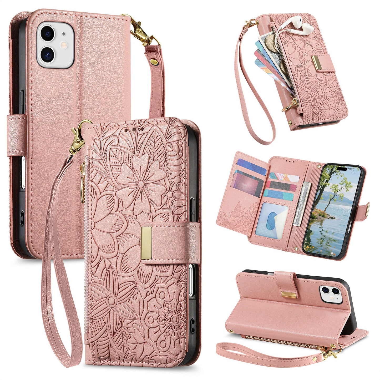 Embossed Floral & Leaf Zipper Wallet Phone Case for iPhone 12 Mini