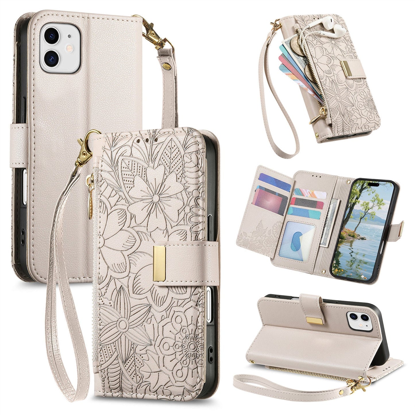 Embossed Floral & Leaf Zipper Wallet Phone Case for iPhone 11