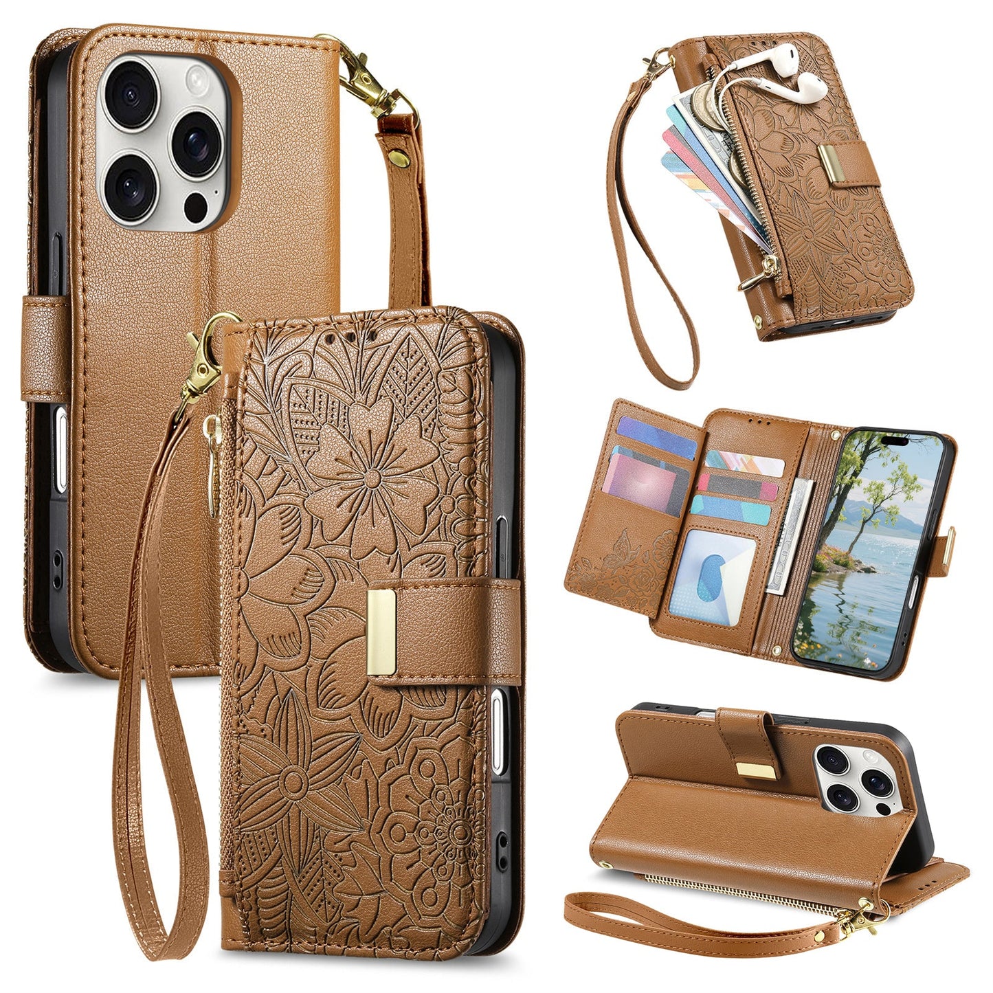 Embossed Floral & Leaf Zipper Wallet Phone Case for iPhone 15 Pro Max