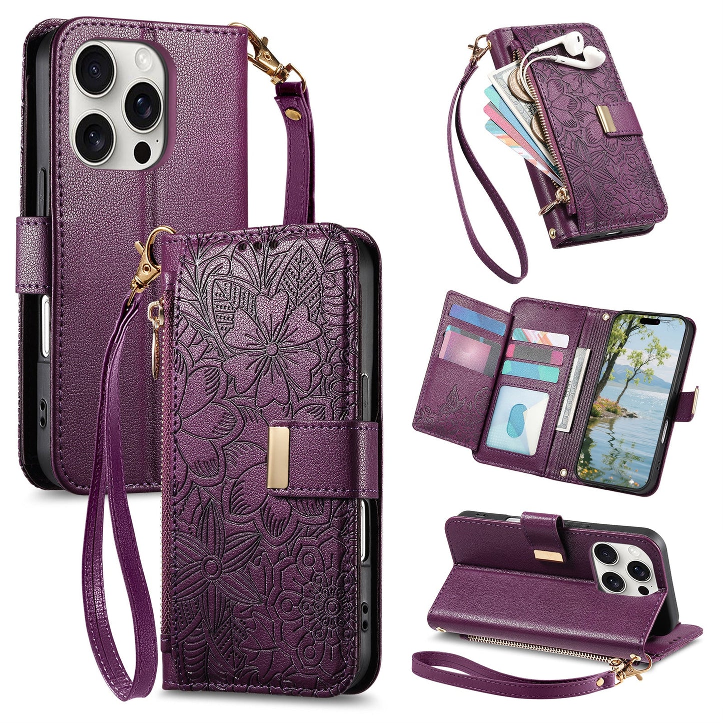 Embossed Floral & Leaf Zipper Wallet Phone Case for iPhone 14 Pro
