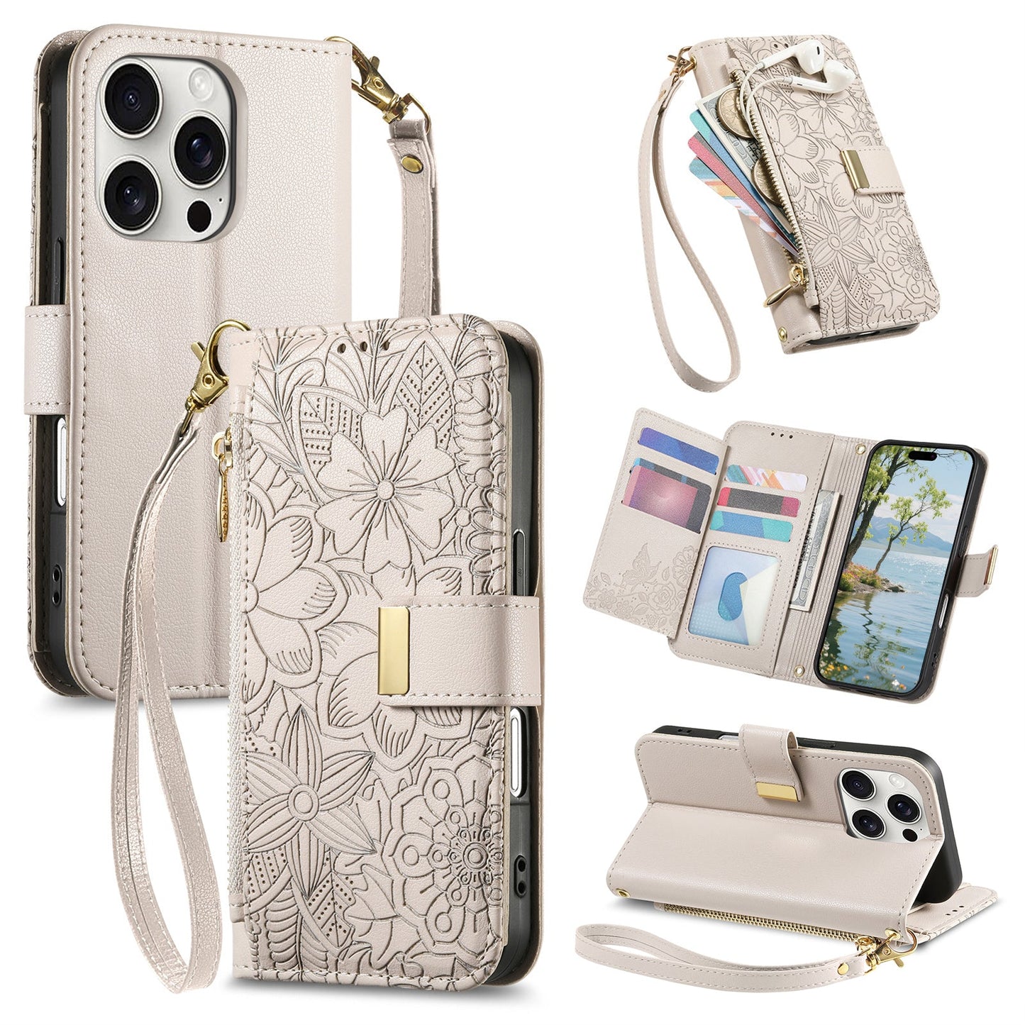 Embossed Floral & Leaf Zipper Wallet Phone Case for iPhone 13 Pro Max