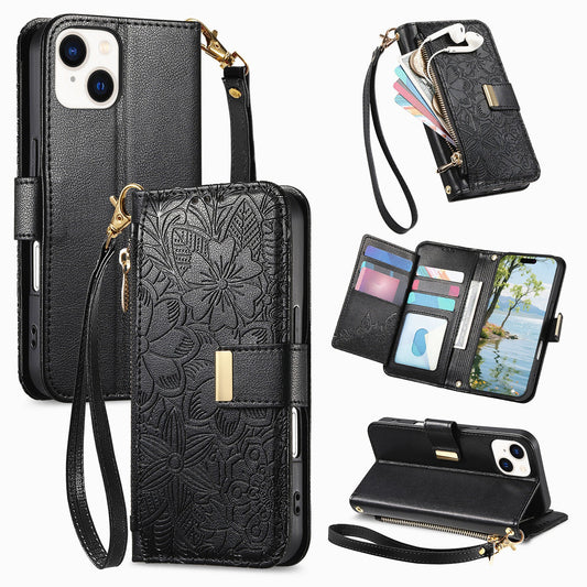 Embossed Floral & Leaf Zipper Wallet Phone Case for iPhone 15 Plus