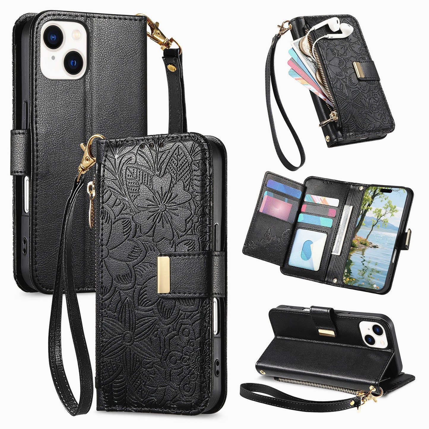 Embossed Floral & Leaf Zipper Wallet Phone Case for iPhone 13