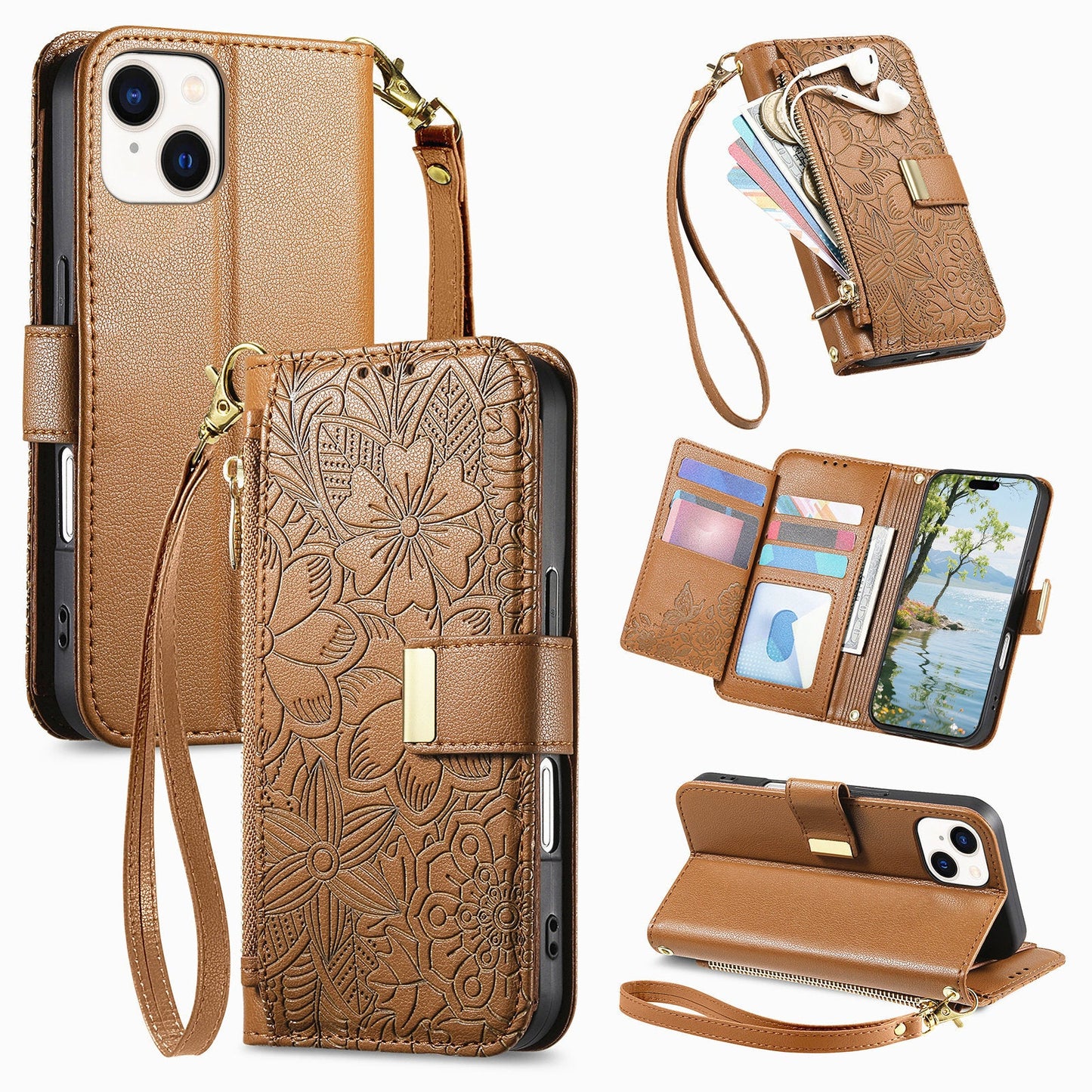 Embossed Floral & Leaf Zipper Wallet Phone Case for iPhone 15 Plus