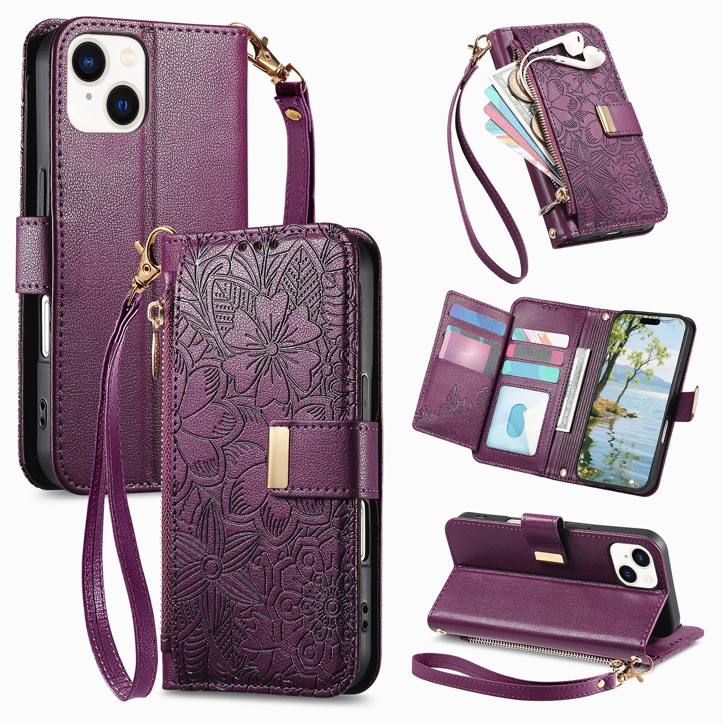 Embossed Floral & Leaf Zipper Wallet Phone Case for iPhone 13