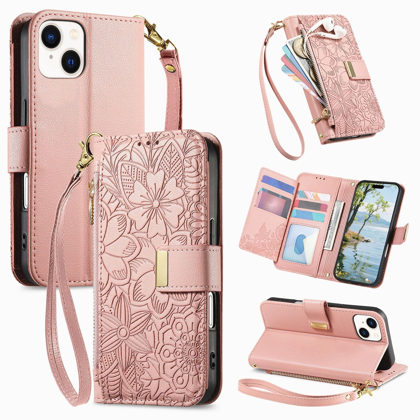 Embossed Floral & Leaf Zipper Wallet Phone Case for iPhone 14