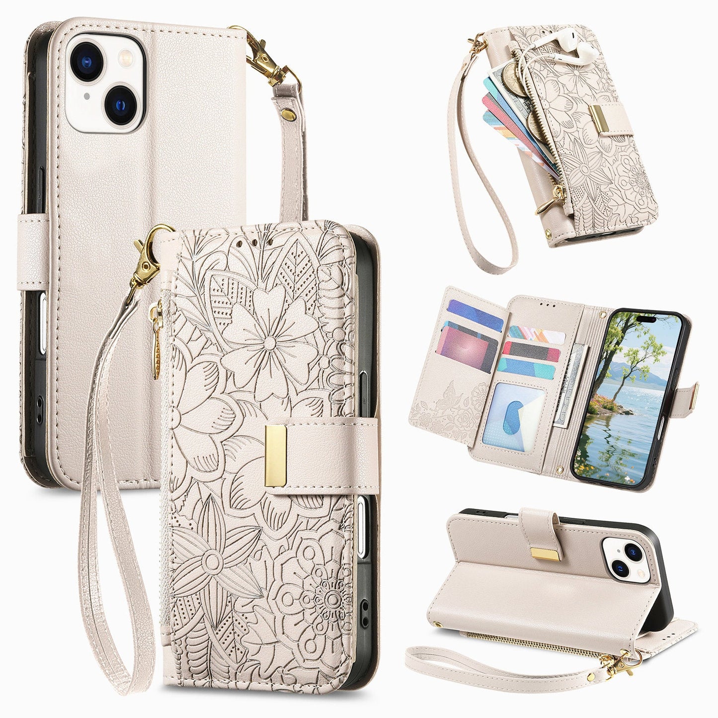 Embossed Floral & Leaf Zipper Wallet Phone Case for iPhone 13 Mini
