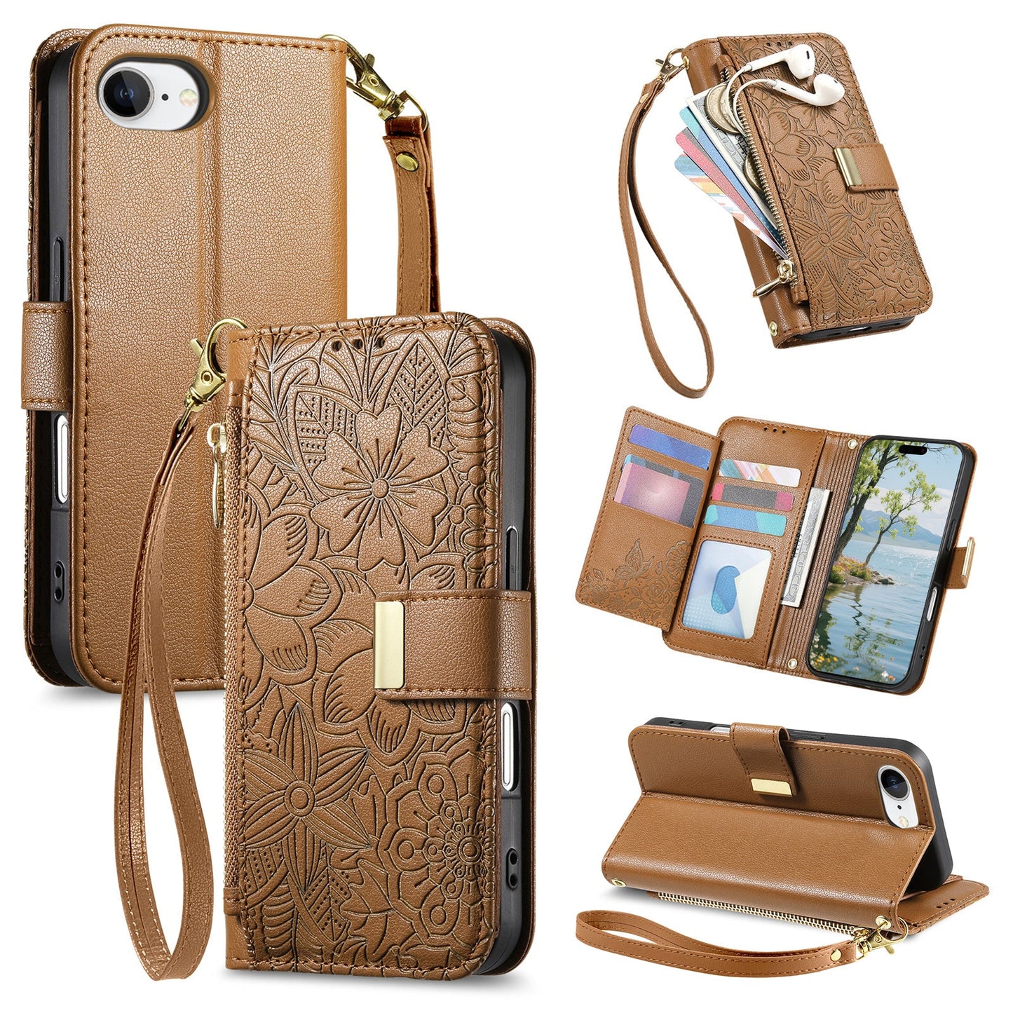 Embossed Floral & Leaf Zipper Wallet Phone Case for iPhone 16e