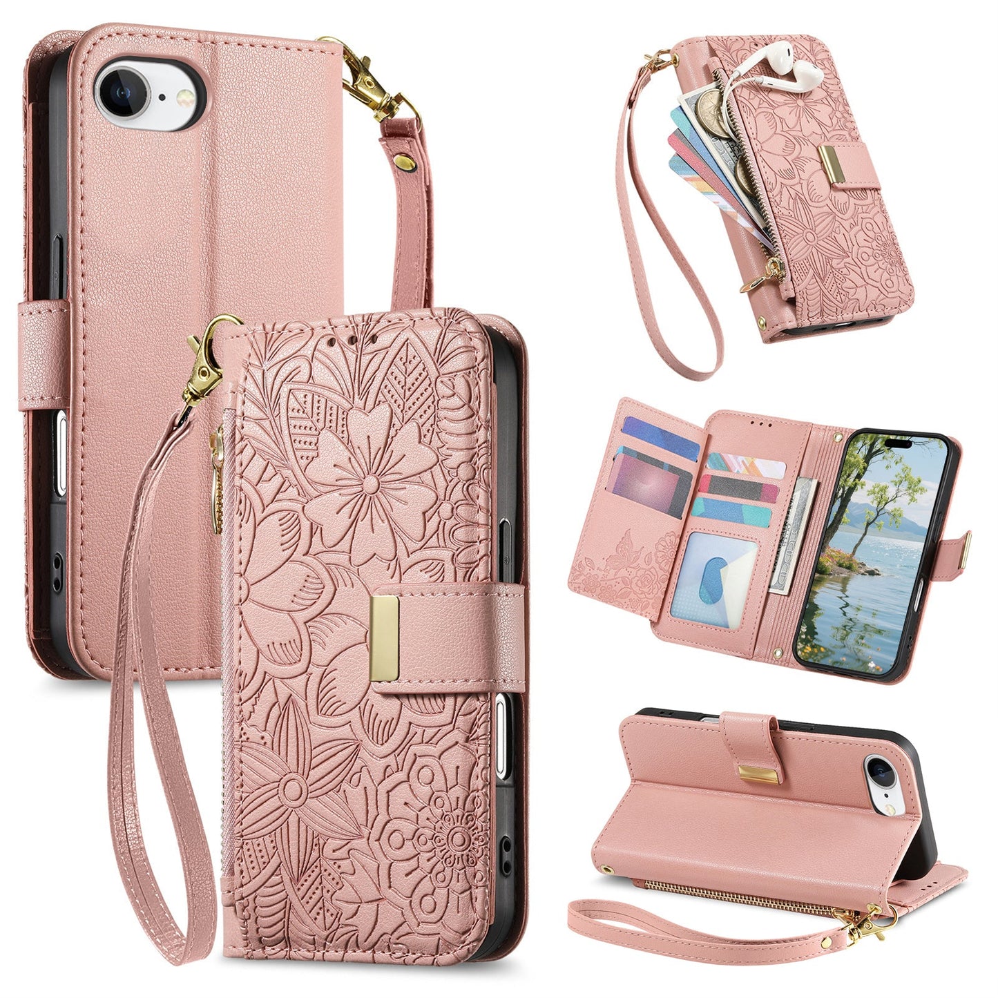 Embossed Floral & Leaf Zipper Wallet Phone Case for iPhone 16e