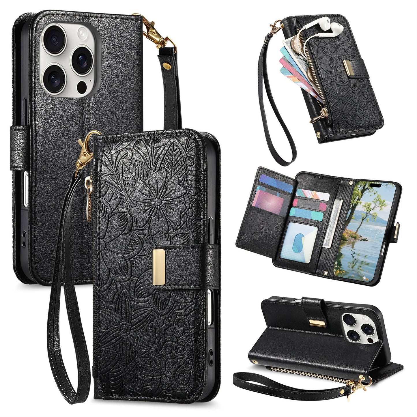 Embossed Floral & Leaf Zipper Wallet Phone Case for iPhone 16 Pro Max