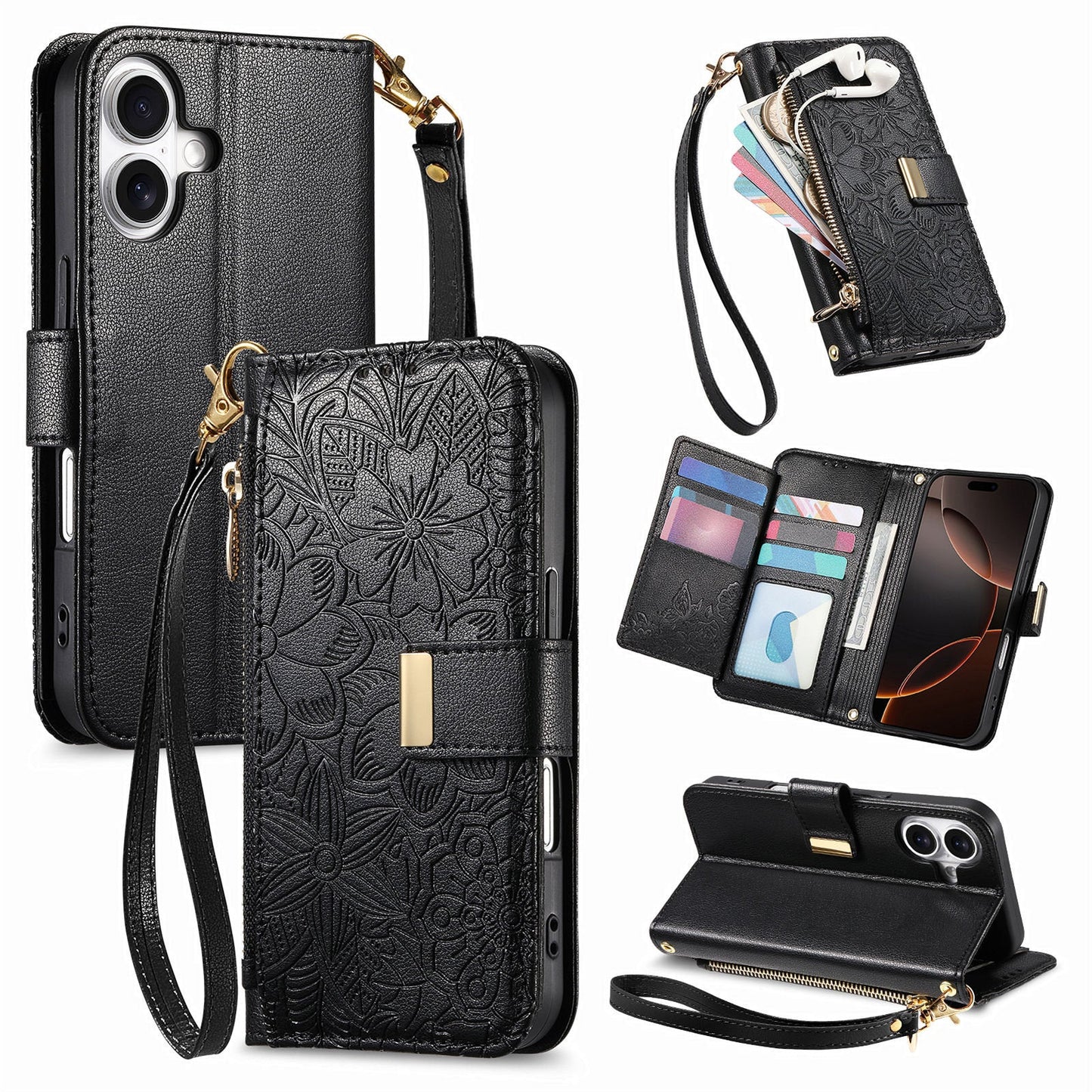 Embossed Floral & Leaf Zipper Wallet Phone Case for iPhone 17