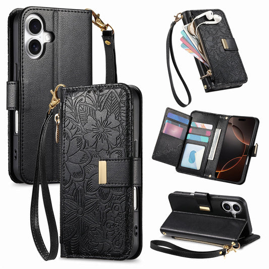 Embossed Floral & Leaf Zipper Wallet Phone Case for iPhone 17