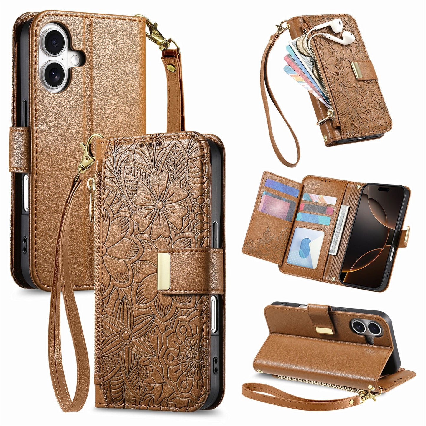 Embossed Floral & Leaf Zipper Wallet Phone Case for iPhone 17