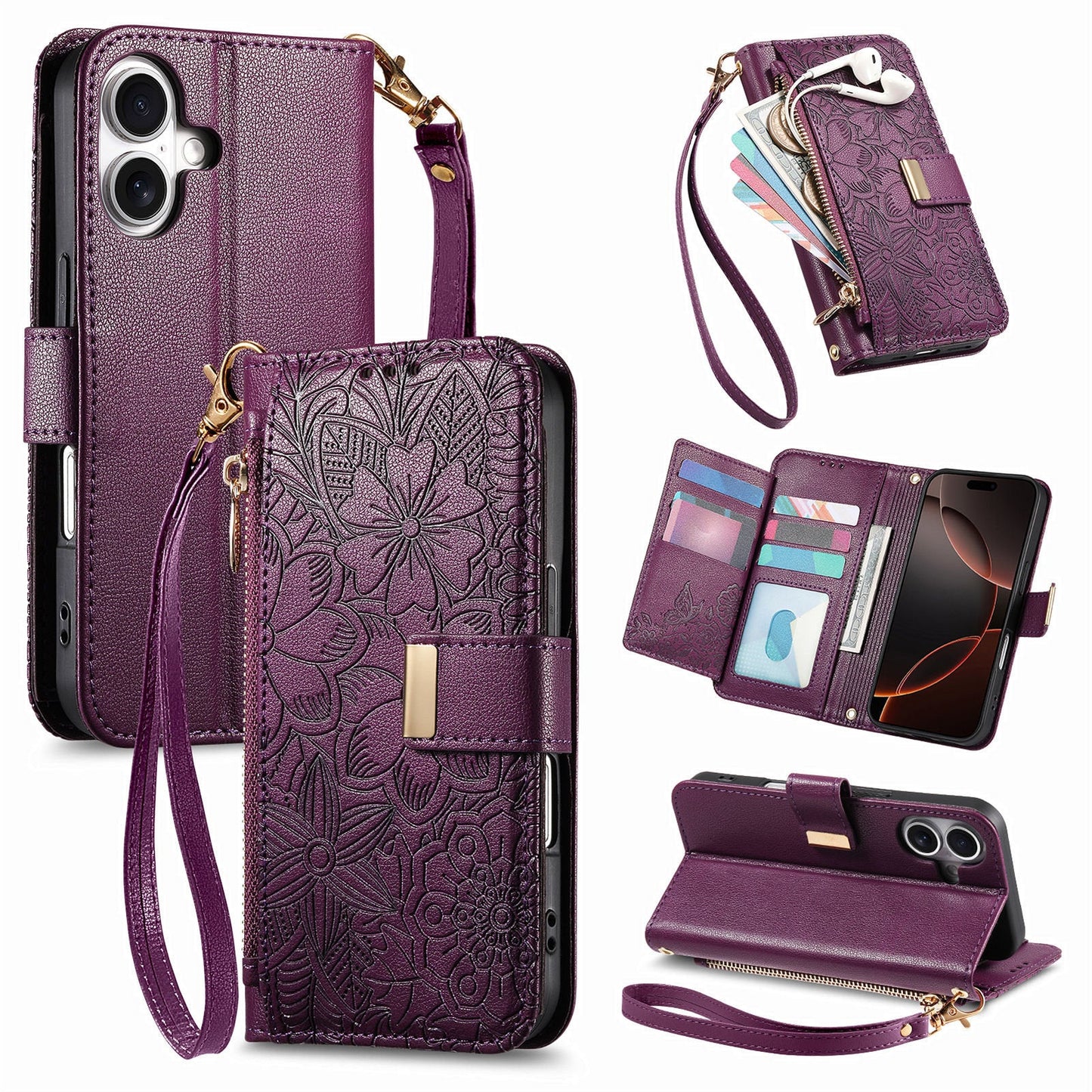 Embossed Floral & Leaf Zipper Wallet Phone Case for iPhone 17