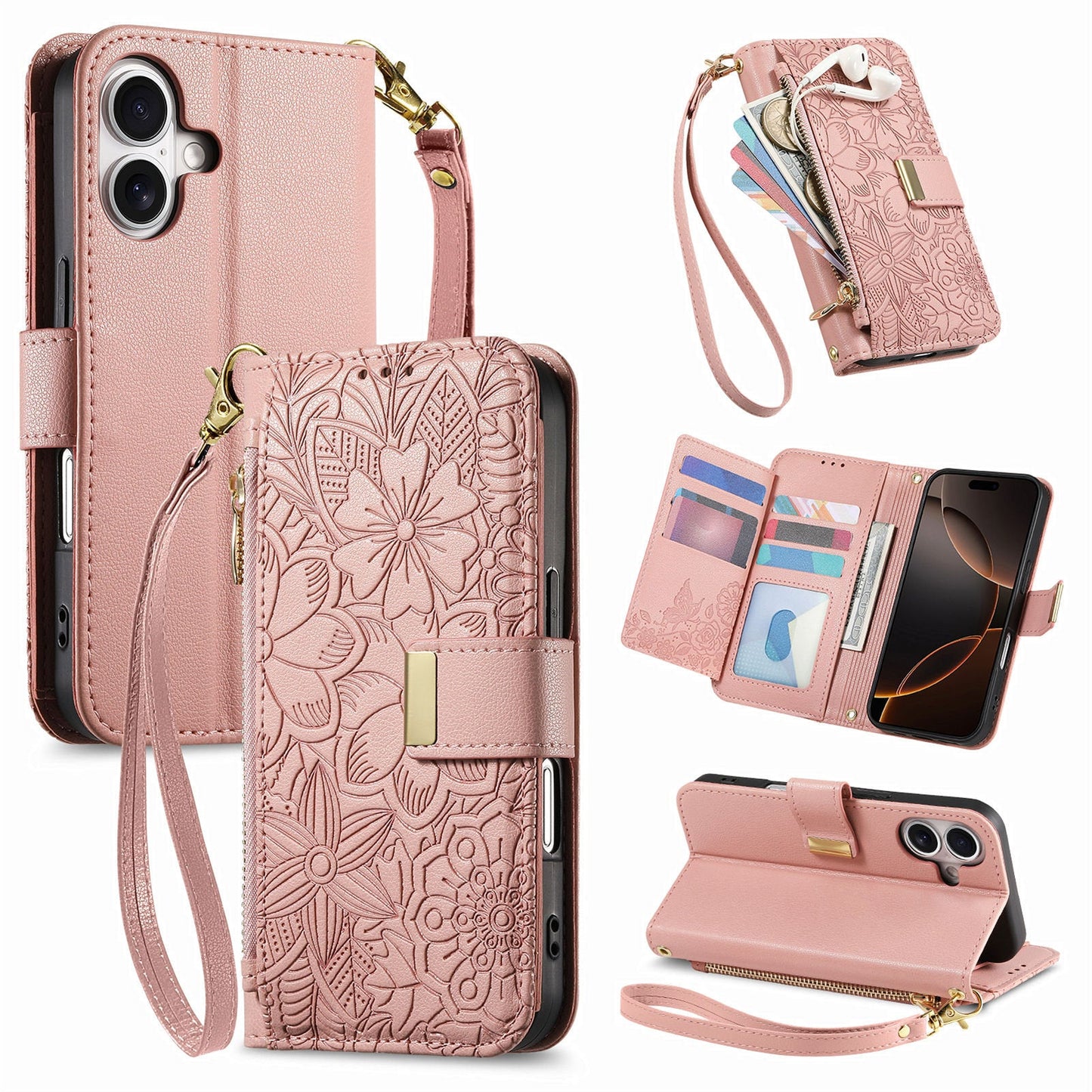 Embossed Floral & Leaf Zipper Wallet Phone Case for iPhone 16