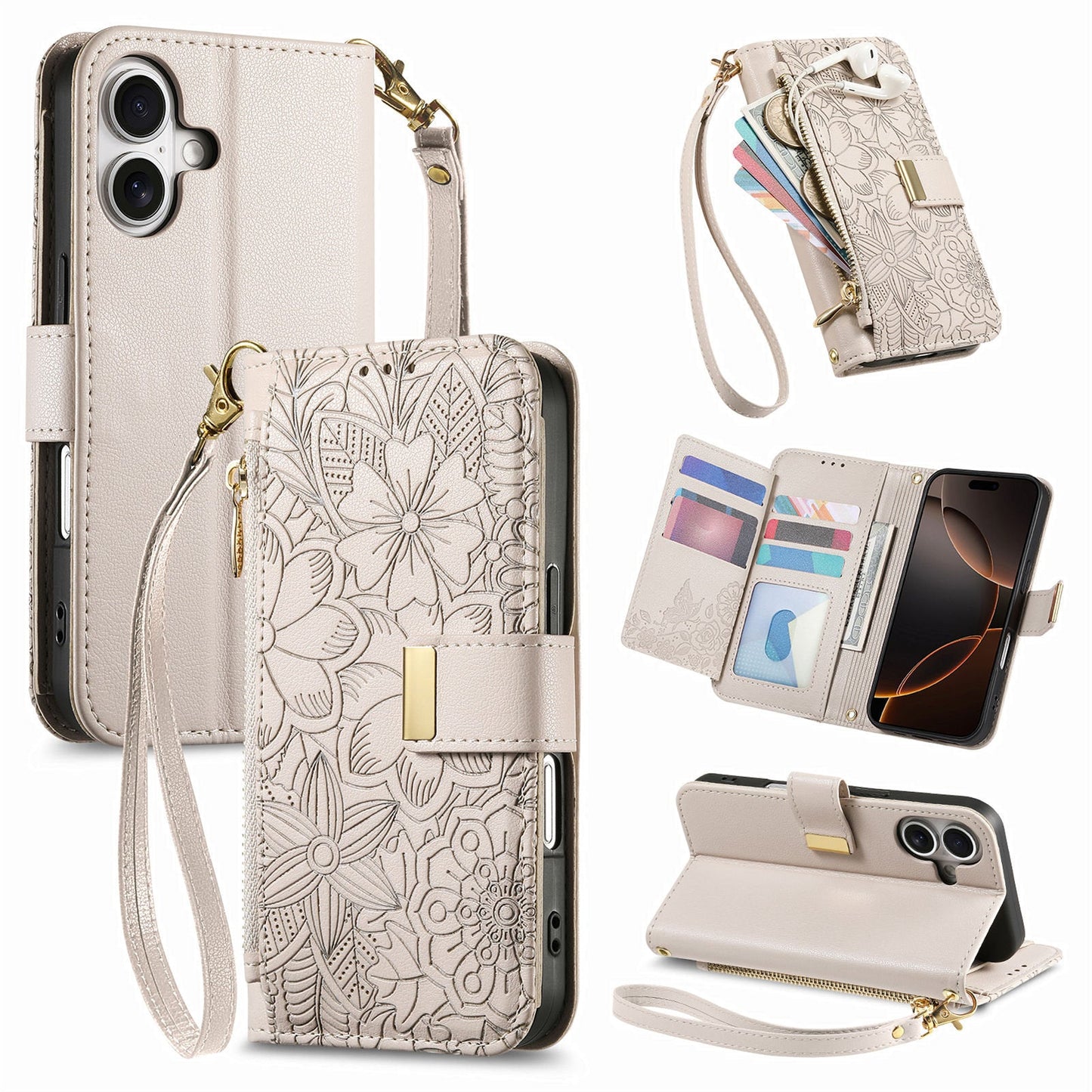 Embossed Floral & Leaf Zipper Wallet Phone Case for iPhone 16