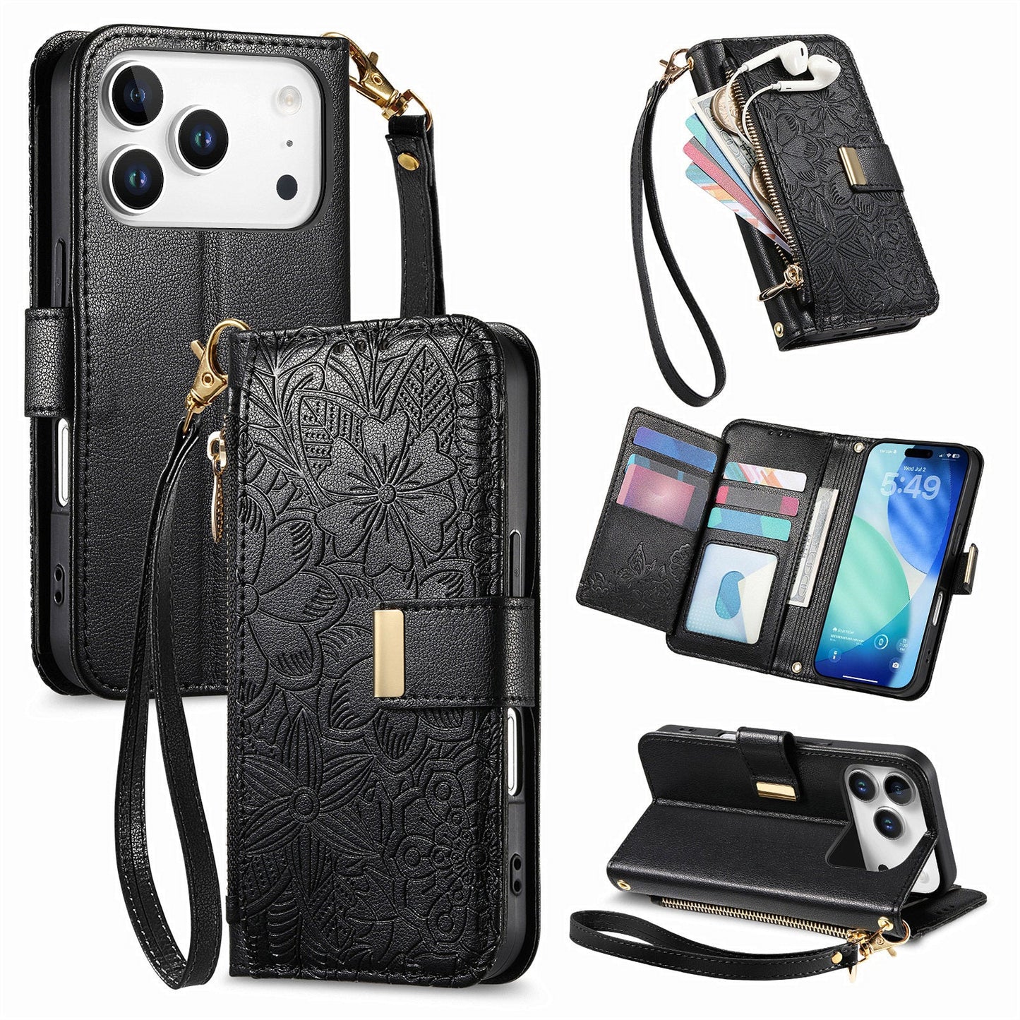 Embossed Floral & Leaf Zipper Wallet Phone Case for iPhone 17 Pro Max