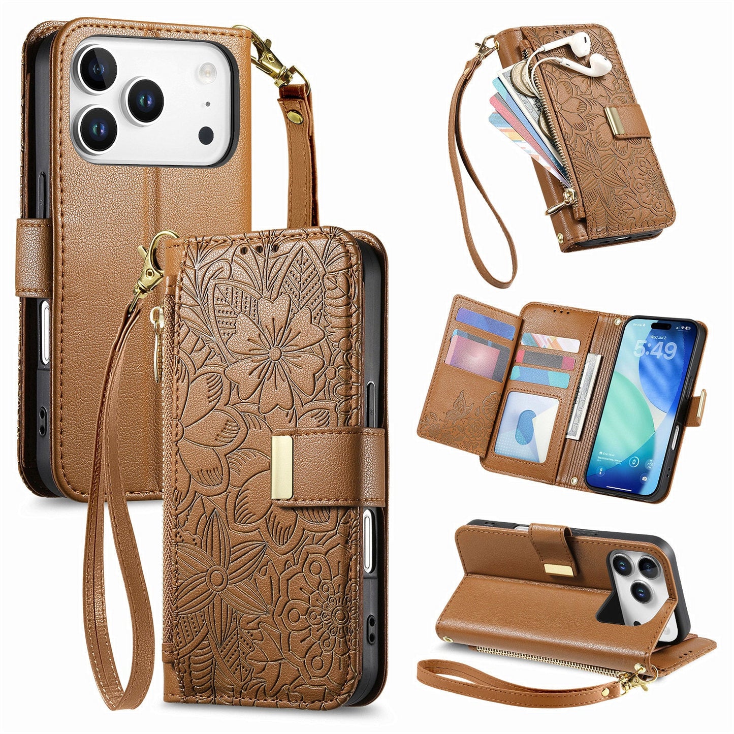 Embossed Floral & Leaf Zipper Wallet Phone Case for iPhone 17 Pro Max