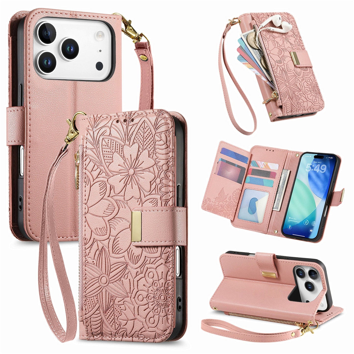 Embossed Floral & Leaf Zipper Wallet Phone Case for iPhone 17 Pro Max