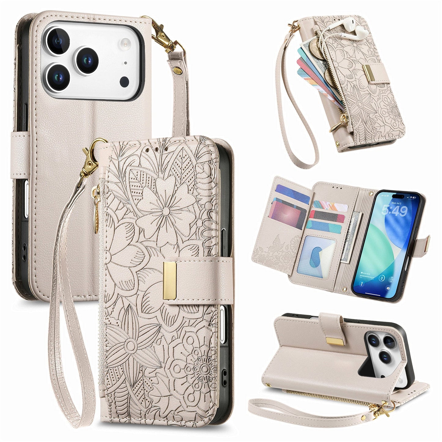 Embossed Floral & Leaf Zipper Wallet Phone Case for iPhone 17 Pro