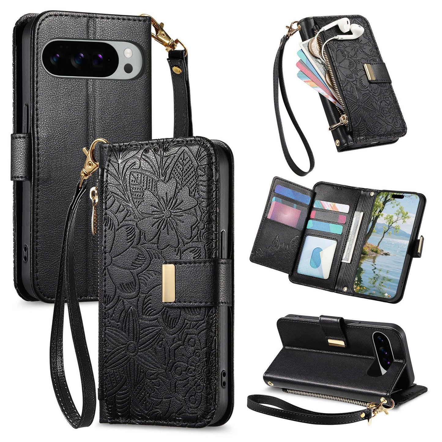 Embossed Floral & Leaf Zipper Wallet Phone Case for Pixel 8