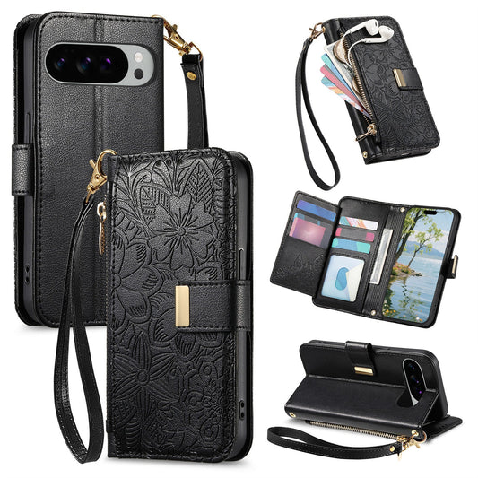 Embossed Floral & Leaf Zipper Wallet Phone Case for Pixel 7a