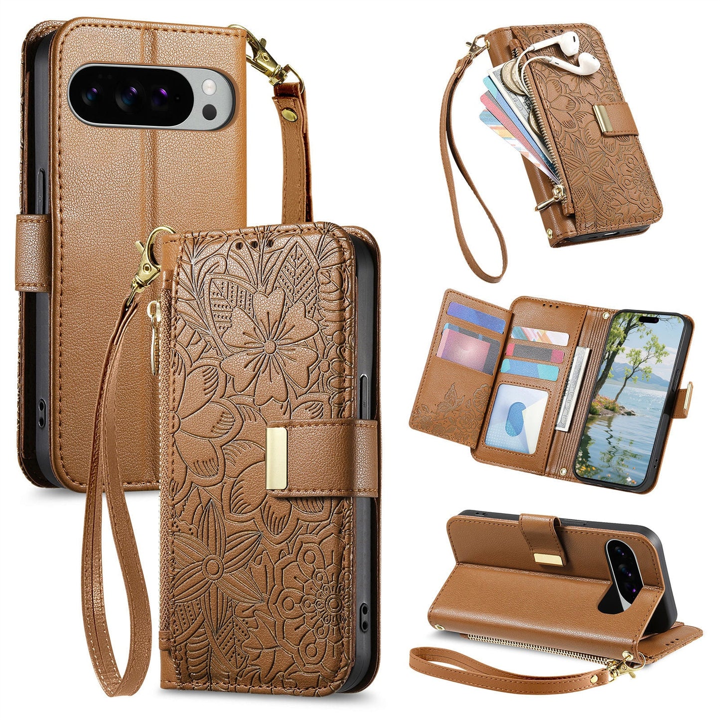 Embossed Floral & Leaf Zipper Wallet Phone Case for Pixel 7 Pro