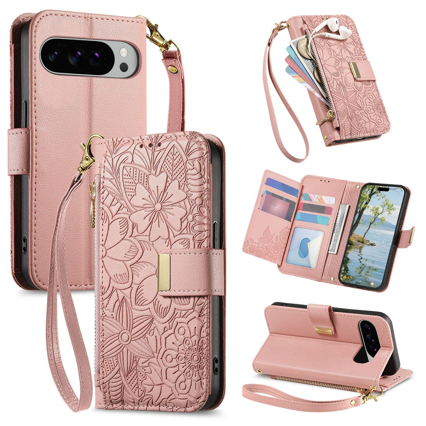 Embossed Floral & Leaf Zipper Wallet Phone Case for Pixel 9