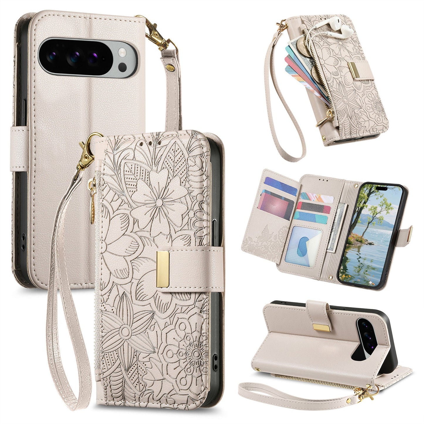 Embossed Floral & Leaf Zipper Wallet Phone Case for Pixel 9 Pro XL
