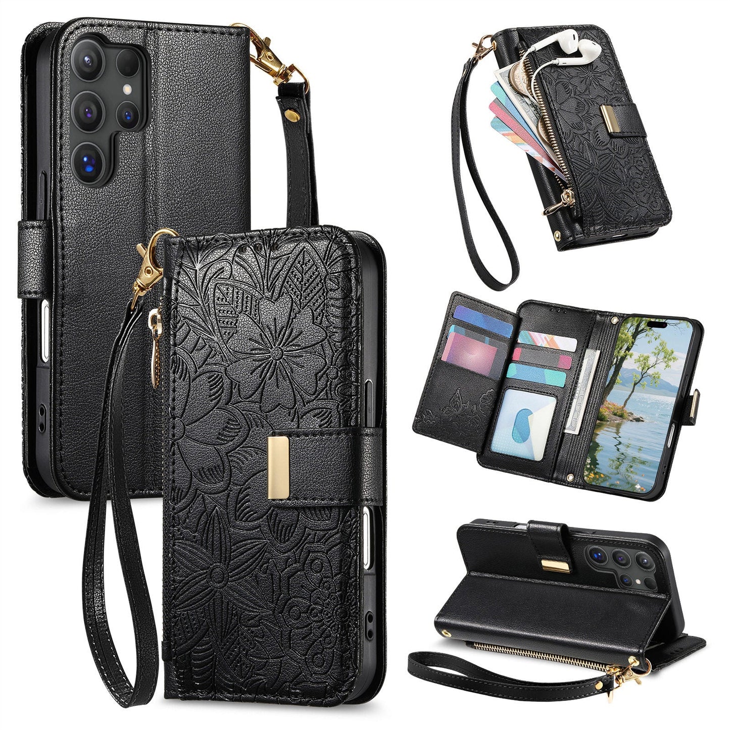 Embossed Floral & Leaf Zipper Wallet Phone Case for Samsung Galaxy S21 Ultra