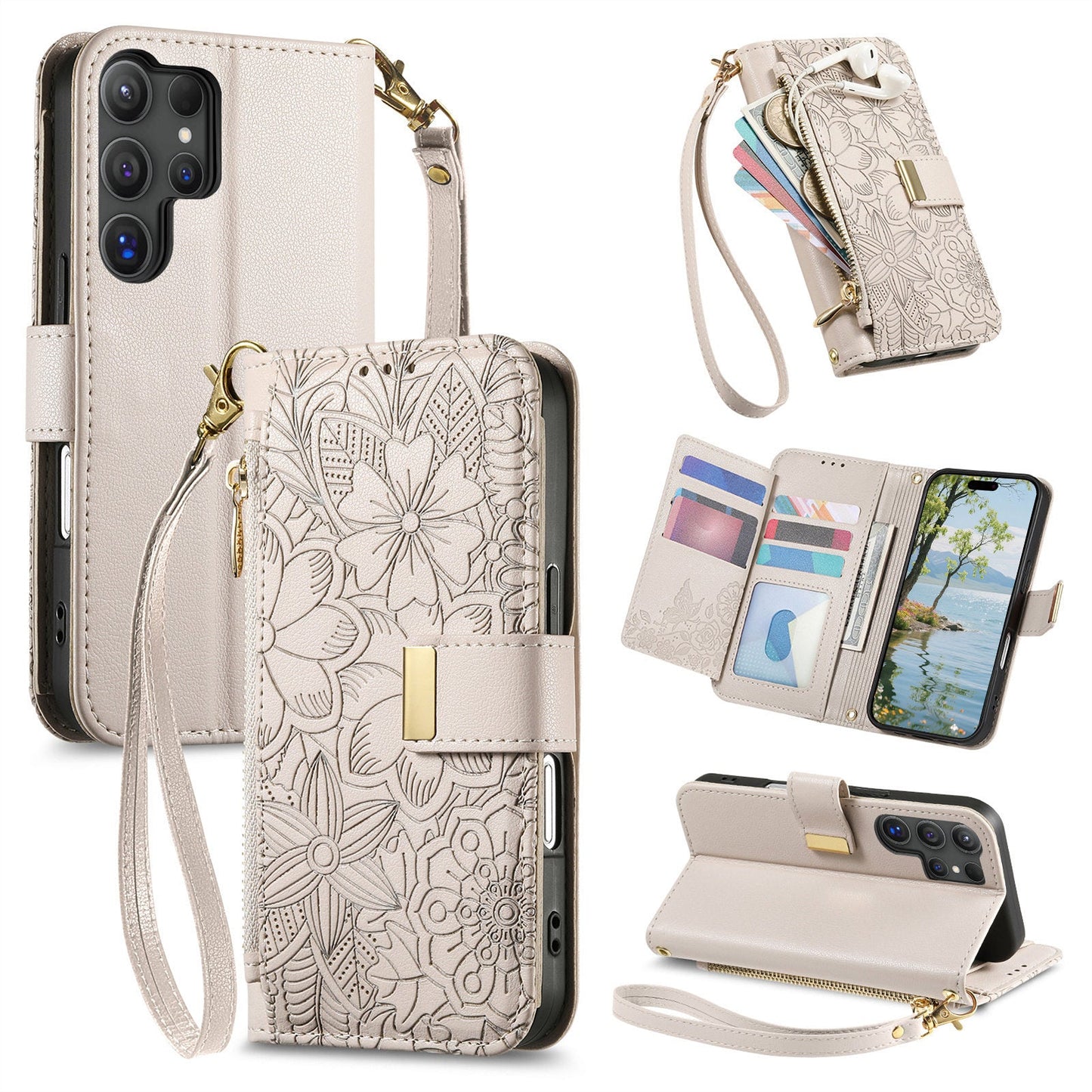 Embossed Floral & Leaf Zipper Wallet Phone Case for Samsung Galaxy S23 Ultra