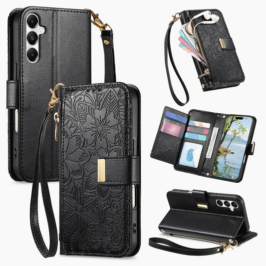 Embossed Floral & Leaf Zipper Wallet Phone Case for Samsung Galaxy S23