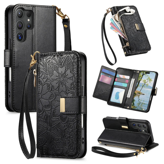 Embossed Floral & Leaf Zipper Wallet Phone Case for Samsung Galaxy S22 Ultra