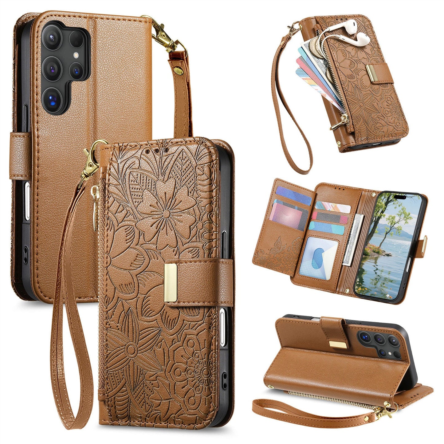 Embossed Floral & Leaf Zipper Wallet Phone Case for Samsung Galaxy S24 Ultra