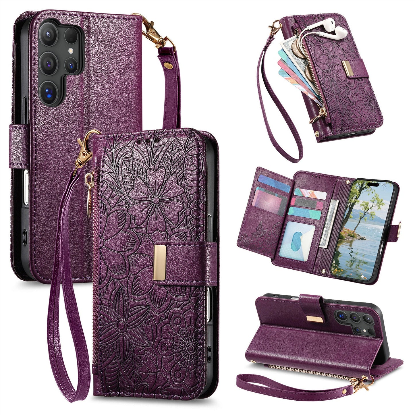 Embossed Floral & Leaf Zipper Wallet Phone Case for Samsung Galaxy S22 Ultra