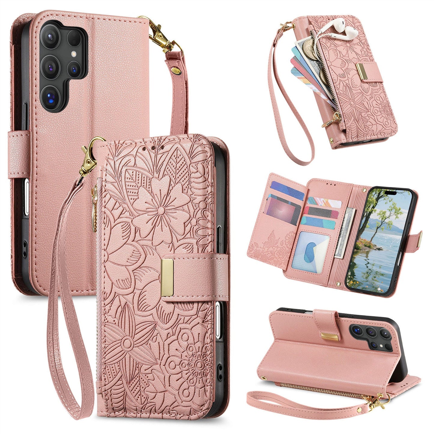 Embossed Floral & Leaf Zipper Wallet Phone Case for Samsung Galaxy S24 Ultra