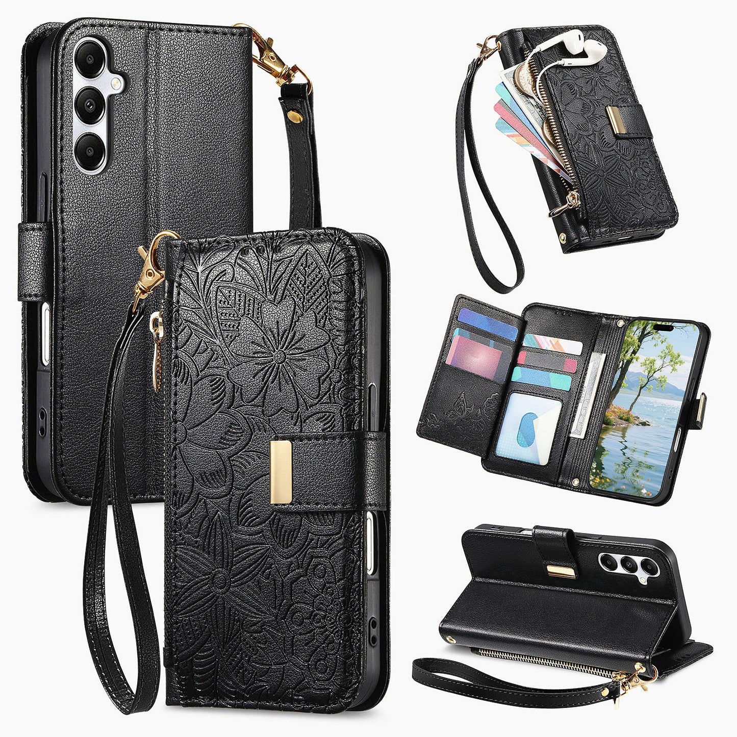 Embossed Floral & Leaf Zipper Wallet Phone Case for Samsung Galaxy S24+