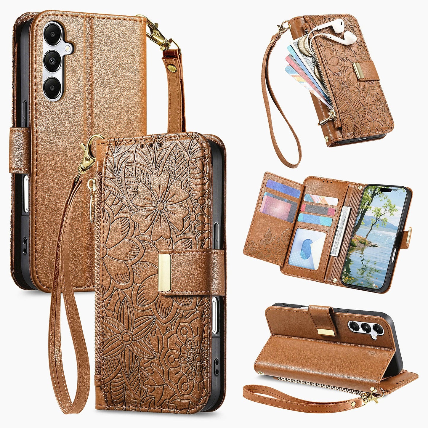 Embossed Floral & Leaf Zipper Wallet Phone Case for Samsung Galaxy S24+