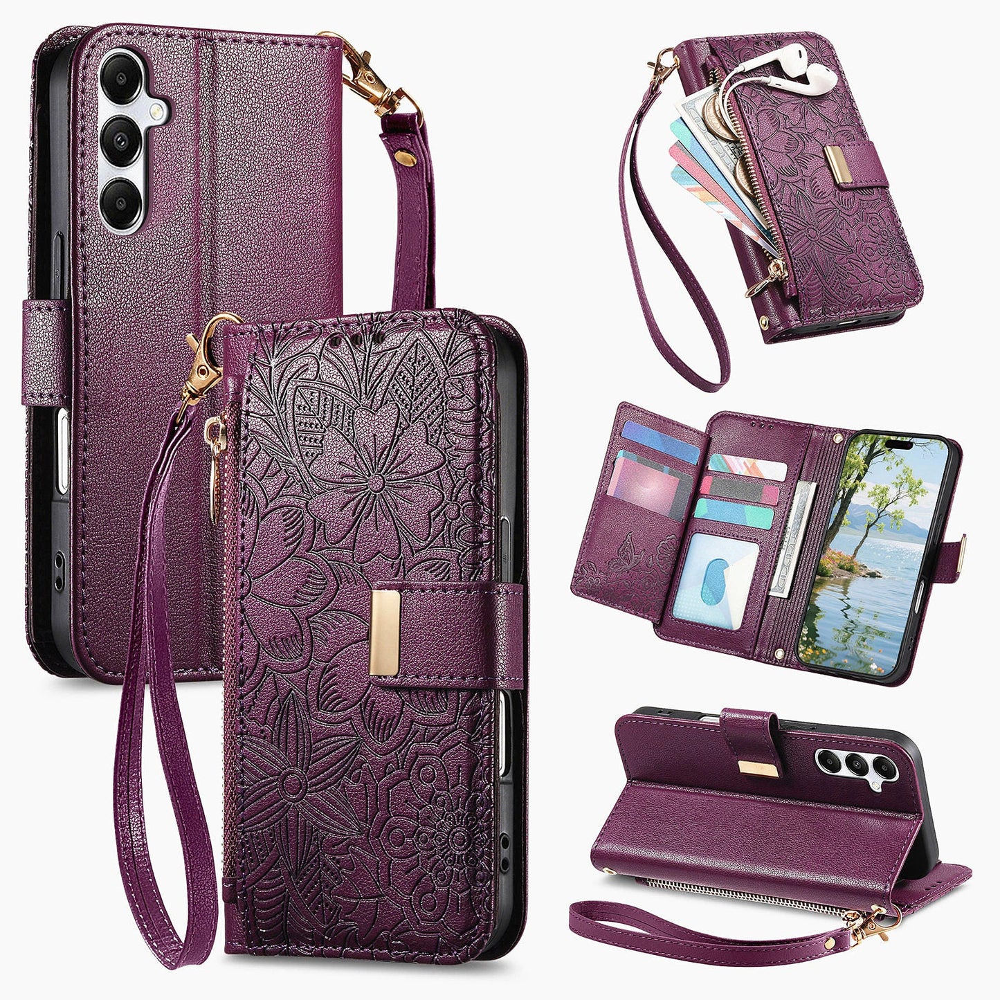 Embossed Floral & Leaf Zipper Wallet Phone Case for Samsung Galaxy S24+