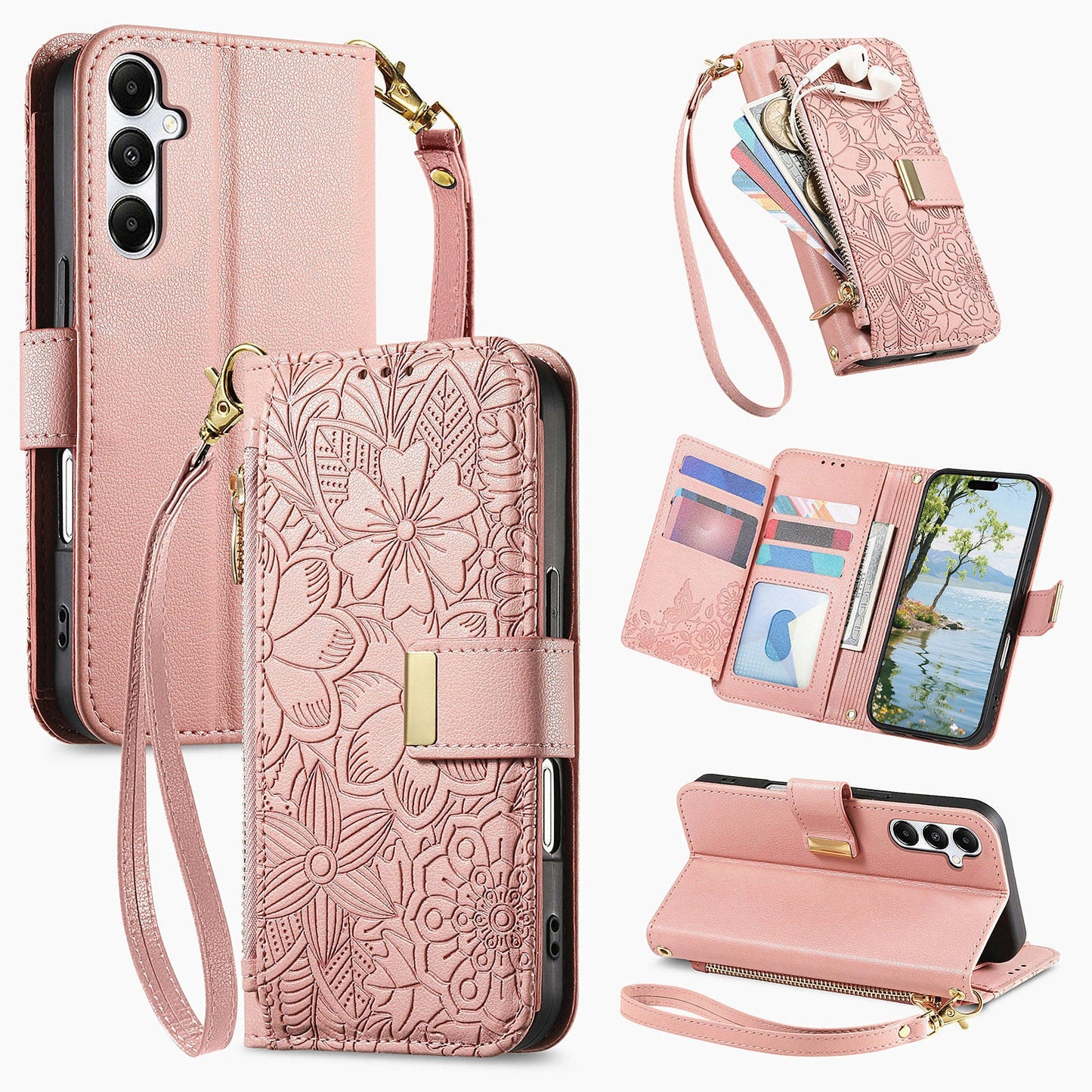 Embossed Floral & Leaf Zipper Wallet Phone Case for Samsung Galaxy S24 FE