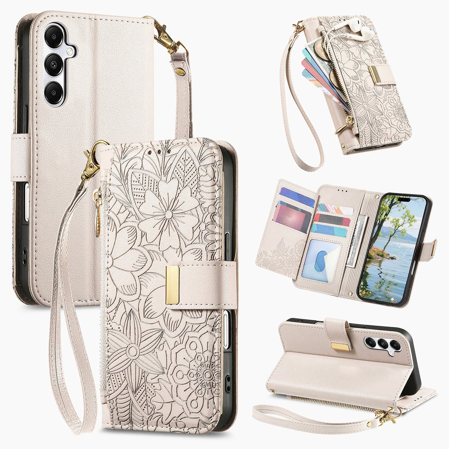 Embossed Floral & Leaf Zipper Wallet Phone Case for Samsung Galaxy A15