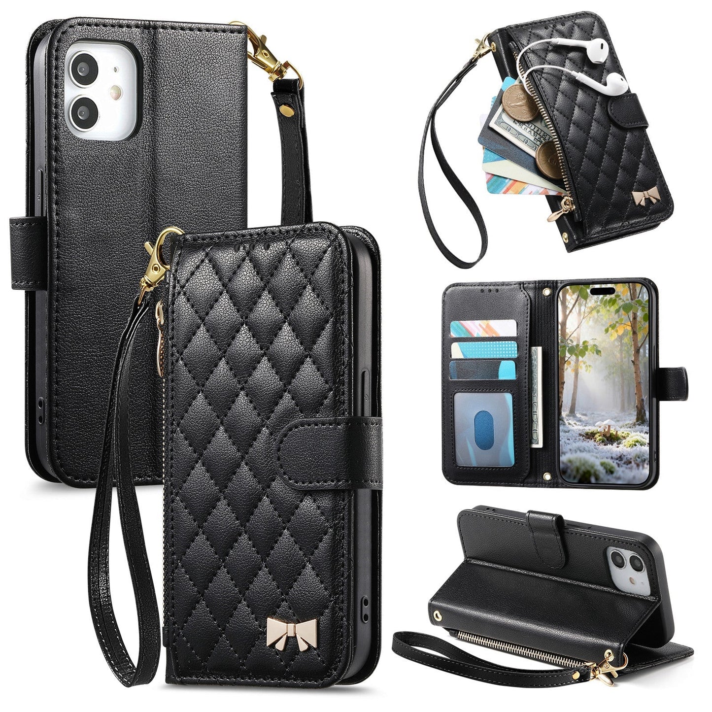 Elegant Diamond Quilted Leather Phone Wallet Case for iPhone 12