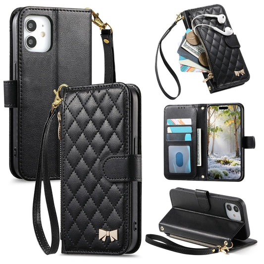 Elegant Diamond Quilted Leather Phone Wallet Case for iPhone 12 Mini
