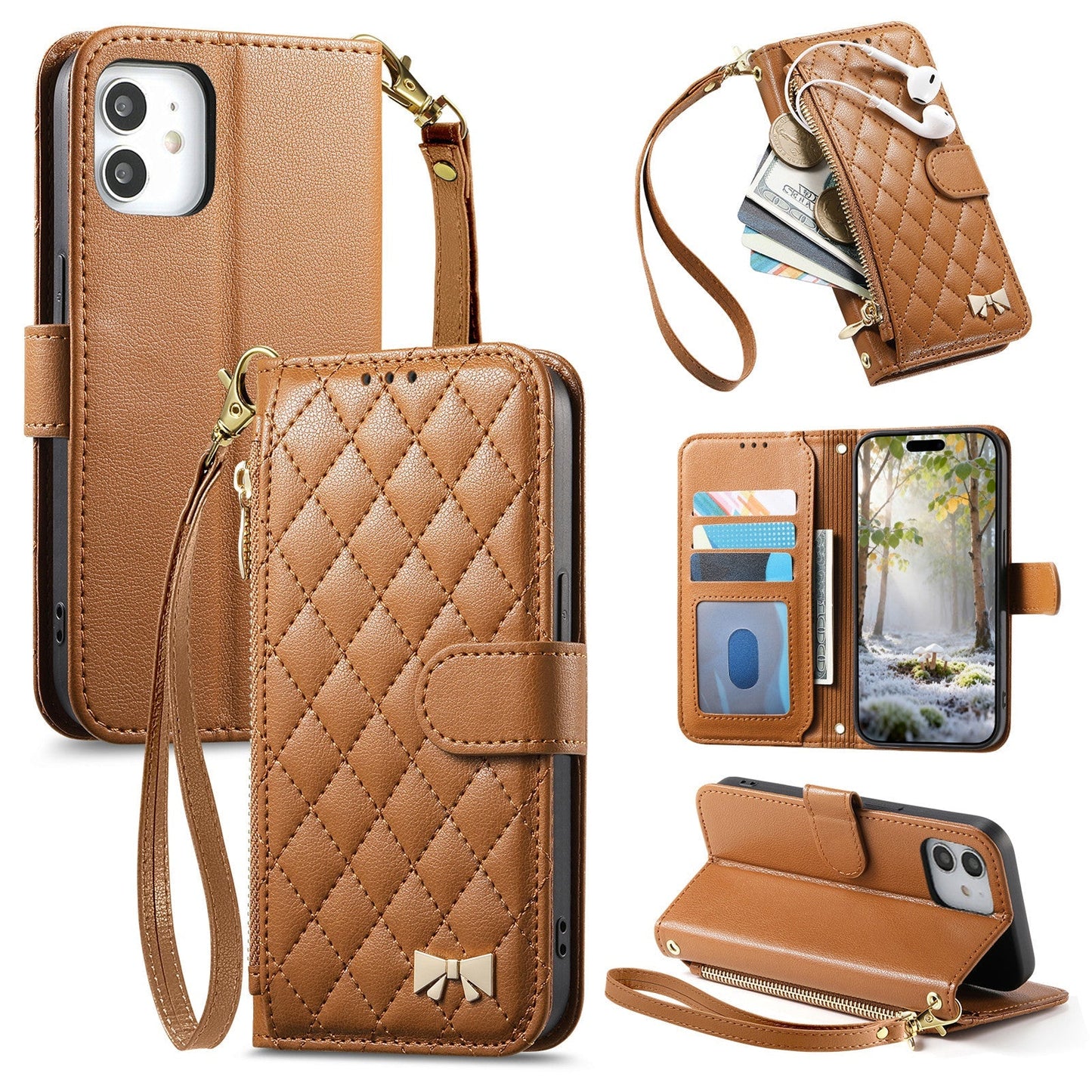 Elegant Diamond Quilted Leather Phone Wallet Case for iPhone 12