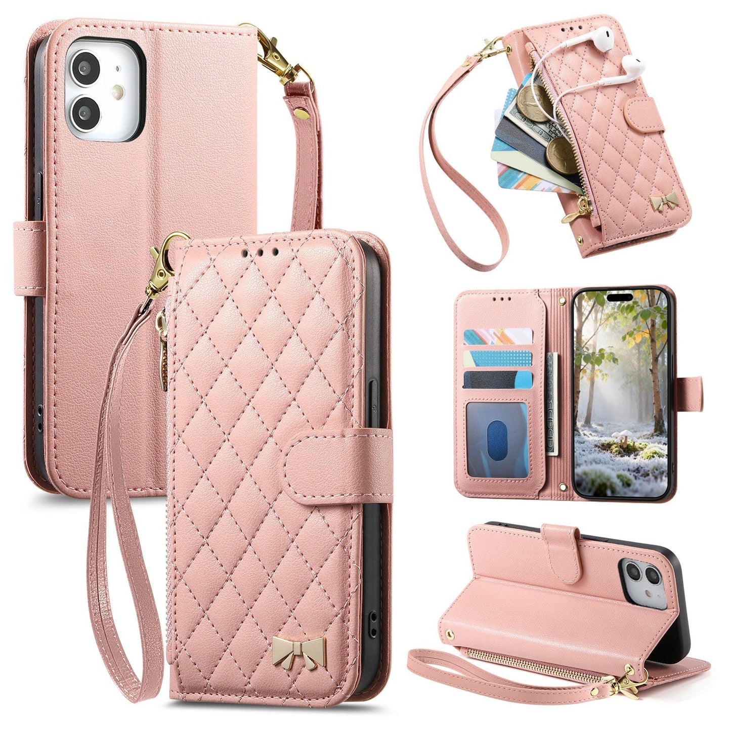Elegant Diamond Quilted Leather Phone Wallet Case for iPhone 12 Mini