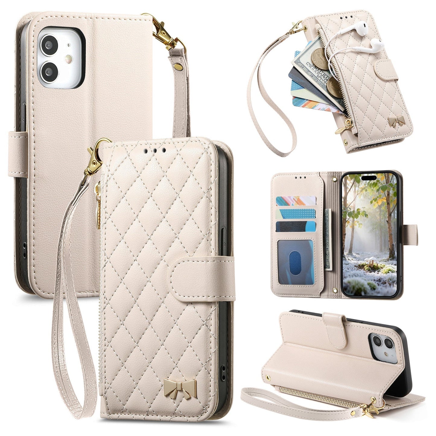 Elegant Diamond Quilted Leather Phone Wallet Case for iPhone 12
