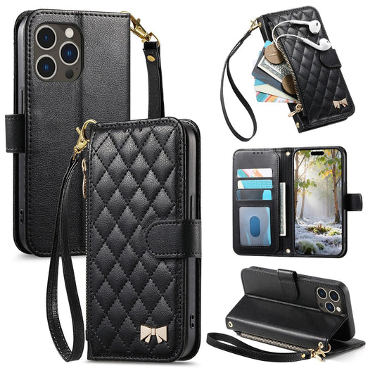 Elegant Diamond Quilted Leather Phone Wallet Case for iPhone 15 Pro