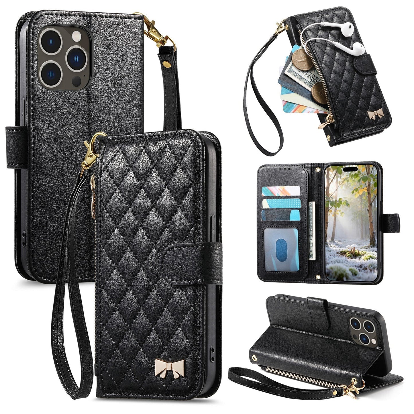 Elegant Diamond Quilted Leather Phone Wallet Case for iPhone 14 Pro